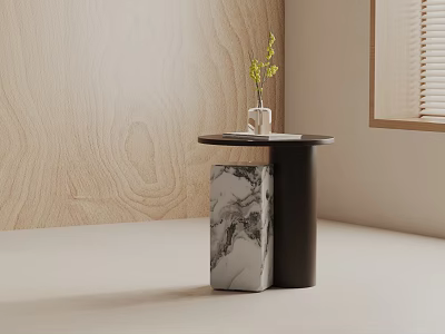 Modern Side Table with Black Cylinder and Marble Section Topped with Vase and Green Plant 3d model