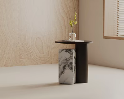 Modern Side Table with Black Cylinder and Marble Section Topped with Vase and Green Plant 3d model