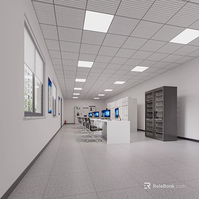 Modern Control Room Interior Design With Multiple Monitors Console Desk And Storage Cabinets 3d model