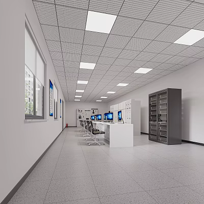 Modern Control Room Interior Design With Multiple Monitors Console Desk And Storage Cabinets 3d model