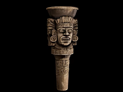 Ancient Carved Stone Column With Intricate Face Headdress And Geometric Patterns 3d model
