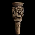 Ancient Carved Stone Column With Intricate Face Headdress And Geometric Patterns