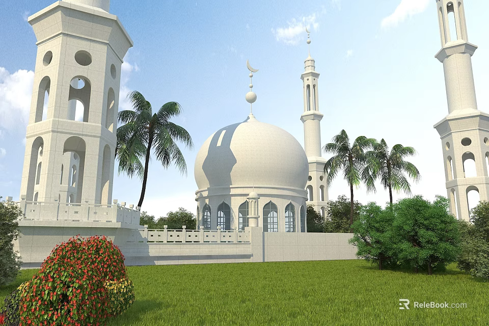 Ancient White Building With Crescent Moon Dome Minarets Palm Trees And Green Lawn 3d model 
