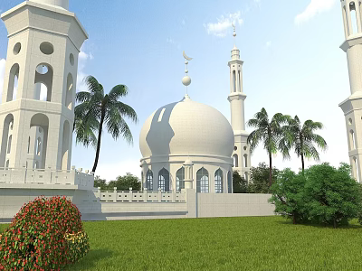 Ancient White Building With Crescent Moon Dome Minarets Palm Trees And Green Lawn 3d model