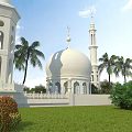 Ancient White Building With Crescent Moon Dome Minarets Palm Trees And Green Lawn