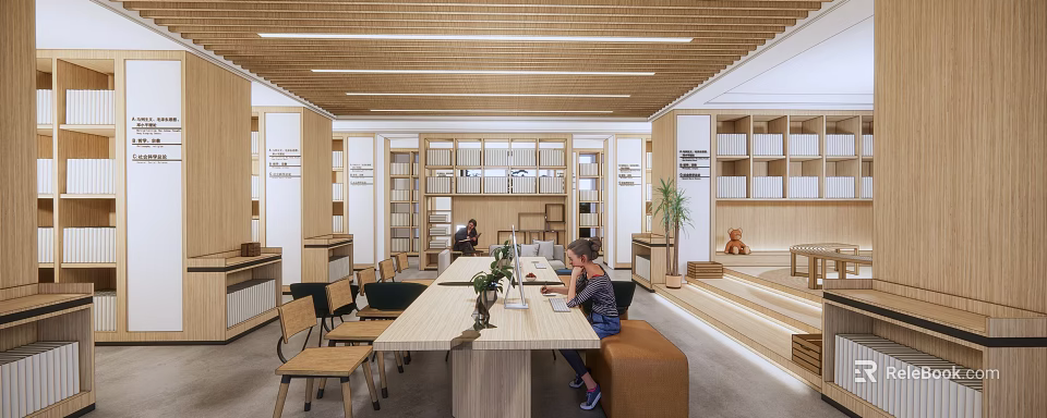 Book Art Creative Space With Wooden Ceiling Bookshelves Long Table And Green Plant 3d model 
