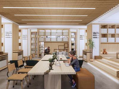 Book Art Creative Space With Wooden Ceiling Bookshelves Long Table And Green Plant 3d model