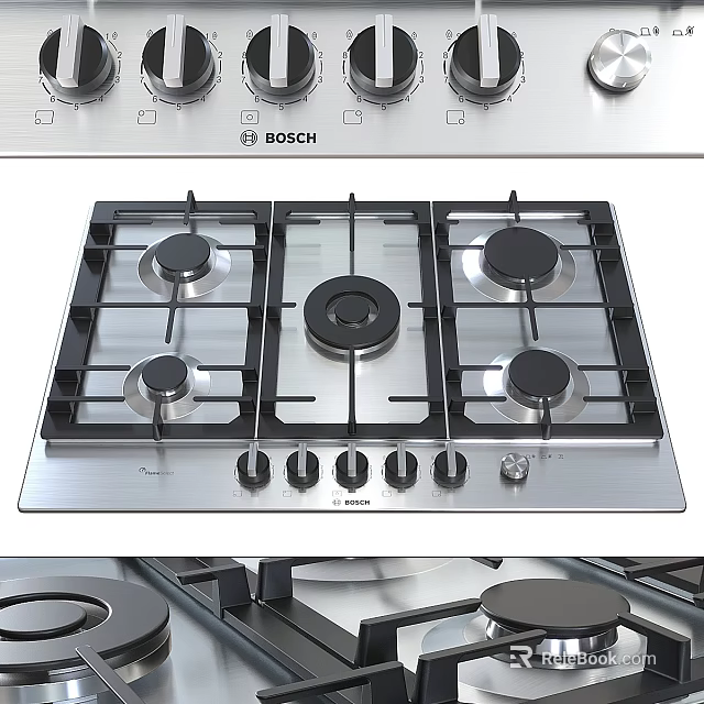 Bosch Stainless Steel Gas Stove With 5 Burners And Control Knobs For Modern Kitchen Cooking 3d model 