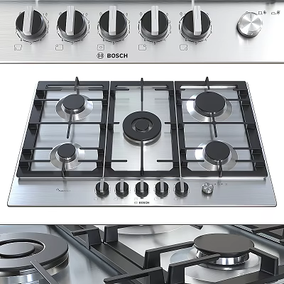 Bosch Stainless Steel Gas Stove With 5 Burners And Control Knobs For Modern Kitchen Cooking 3d model