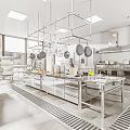 Spacious Commercial Kitchen Interior With Stainless Steel Countertops Hanging Pans And Appliances
