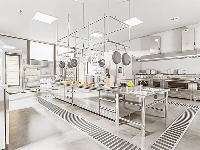 Spacious Commercial Kitchen Interior With Stainless Steel Countertops Hanging Pans And Appliances 3d model
