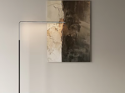 Contemporary Floor Lamp With Slim Metal Stand Illuminating Abstract Textured Wall Art 3d model