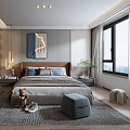 Modern Bedroom Interior With Wardrobe Bed Decorative Painting Window Curtains And Soft Rug