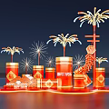 Red Art Installation With Festive Cylindrical Structures Fu Character Fireworks For New Year 175th Anniversary