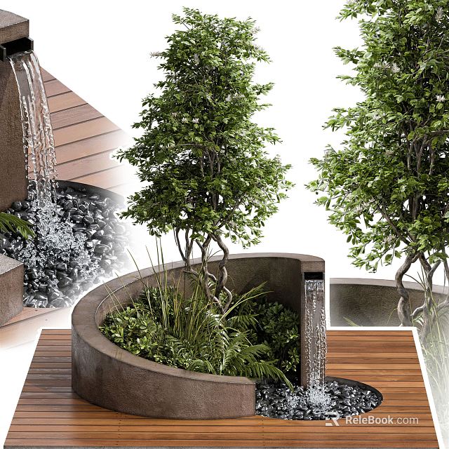 Tree Planter with Green Trees and Plants on Wooden Deck with Small Waterfall and Pebbles 3d model 