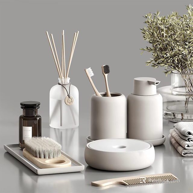 Minimalist Modern Bathroom Accessories Set With Ceramic Toothbrush Holder Soap Dispenser And Wooden Brushes 3d model 