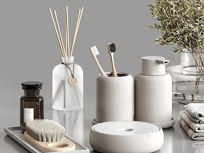 Minimalist Modern Bathroom Accessories Set With Ceramic Toothbrush Holder Soap Dispenser And Wooden Brushes 3d model