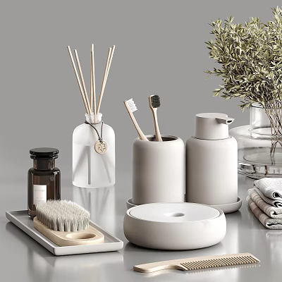 Minimalist Modern Bathroom Accessories Set With Ceramic Toothbrush Holder Soap Dispenser And Wooden Brushes 3d model