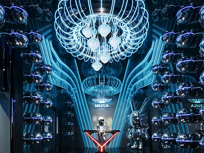 Futuristic Ballroom With Neon Lights And Chandeliers 3d model