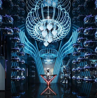 Futuristic Ballroom With Neon Lights And Chandeliers 3d model