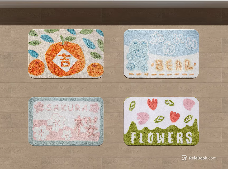 Colorful Square Carpets With Orange Cartoon Bear Cherry Blossom And Flower Patterns 3d model 
