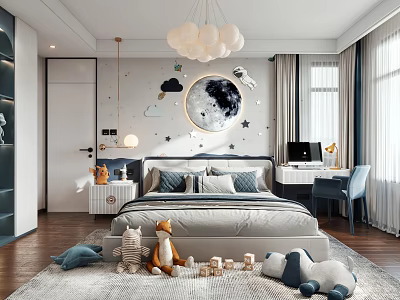 Cozy Kids Room Design With Star Decor Cloud Chandelier Plush Toys Rug And Study Desk 3d model
