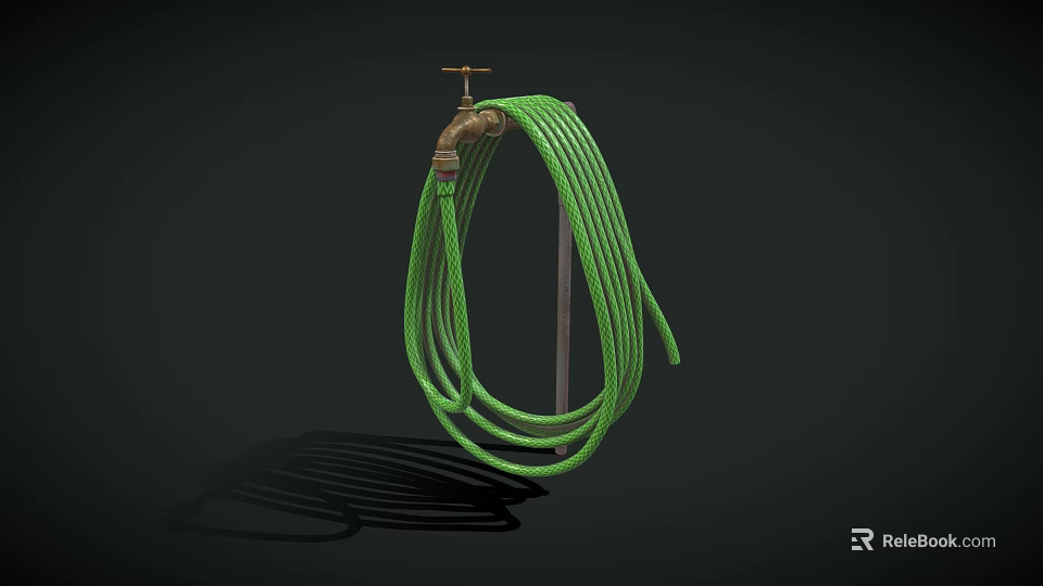 Brass Faucet with Green Coiled Hose on Dark Background and Shadow Detail 3d model 