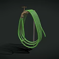 Brass Faucet with Green Coiled Hose on Dark Background and Shadow Detail
