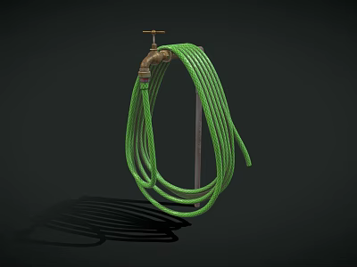 Brass Faucet with Green Coiled Hose on Dark Background and Shadow Detail 3d model