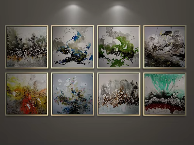Modern Abstract Paintings with Golden Frames on Gray Wall and Spotlights 3d model