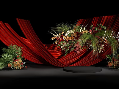 Wedding Stage Design With Red Curtains Floral Arrangements And Black Circular Platform 3d model