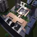 Modern Building Exterior With Curved Arches Water Feature Sculpture In Open Plaza High Rise Background
