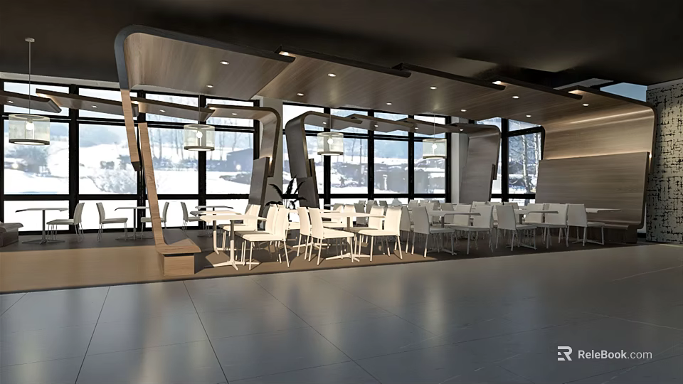 Modern Restaurant Open Space With Large Windows White Tables And Wooden Decor 3d model 