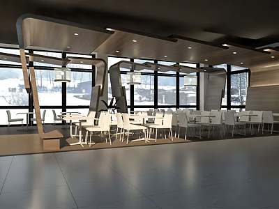 Modern Restaurant Open Space With Large Windows White Tables And Wooden Decor 3d model