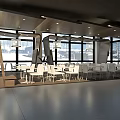 Modern Restaurant Open Space With Large Windows White Tables And Wooden Decor