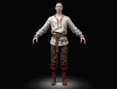 Full Body Man Wearing White Tunic With Brown Belt Pants And Boots On Black Background 3d model