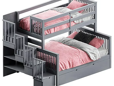 Bunk Bed With Gray Frame Pink Bedspread White Sheets Safety Rails And Storage Stairs 3d model