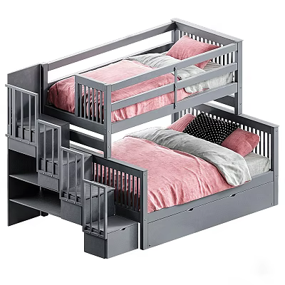 Bunk Bed With Gray Frame Pink Bedspread White Sheets Safety Rails And Storage Stairs 3d model
