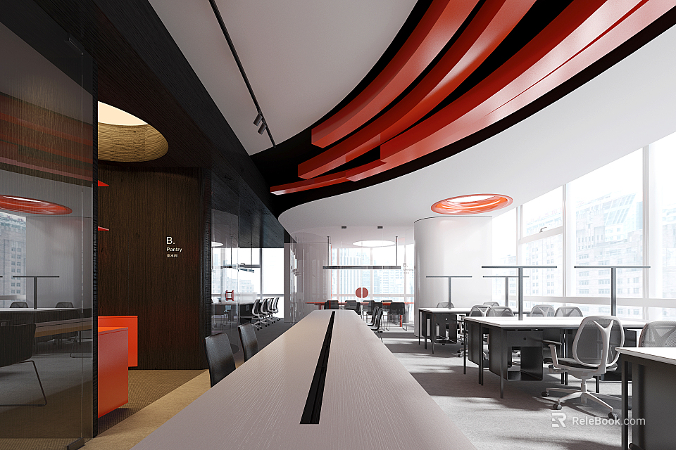 Modern Open Public Office Space With Red Curved Ceiling Large Windows Desks And Chairs 3d model 