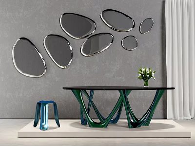 Multiple Irregular Shaped Mirrors On Gray Wall With Black Table Green Legs Blue Stool And Flowers 3d model