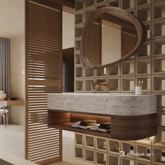 Modern Bathroom Vanity With Round Mirror Stone Countertop And Wooden Base 3d model 