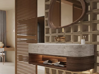 Modern Bathroom Vanity With Round Mirror Stone Countertop And Wooden Base 3d model