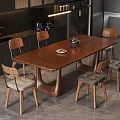Modern Wooden Dining Table Set With Upholstered Chairs And Dark Cabinets