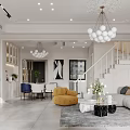 Modern Elegant Dining And Living Room Interior With Chandelier Dining Table And Blue Chairs