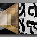 Modern Abstract Two Piece Wall Art With Geometric Patterns And Black Brush Strokes 3d model