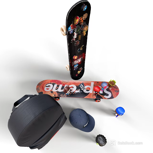 Colorful Skateboard And Sporting Equipment With Backpack Hat And Blue Ball 3d model 