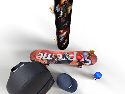 Colorful Skateboard And Sporting Equipment With Backpack Hat And Blue Ball 3d model