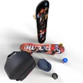 Colorful Skateboard And Sporting Equipment With Backpack Hat And Blue Ball