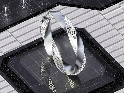 Modern Abstract Sculpture With Perforated Twisted Loop On Black Reflective Platform 3d model
