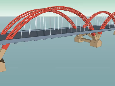Design of Red Arch Landscape Bridge Over Water Surface With Concrete Piers 3d model